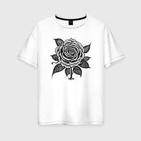 Женская футболка хлопок Oversize с принтом Чёрно белая роза цветы в Тюмени, 100% хлопок | свободный крой, круглый ворот, спущенный рукав, длина до линии бедер
 | 