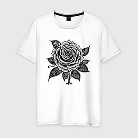 Мужская футболка хлопок с принтом Чёрно белая роза цветы в Курске, 100% хлопок | прямой крой, круглый вырез горловины, длина до линии бедер, слегка спущенное плечо. | 