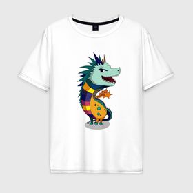Мужская футболка хлопок Oversize с принтом Дракон в ярких красках в Белгороде, 100% хлопок | свободный крой, круглый ворот, “спинка” длиннее передней части | Тематика изображения на принте: 