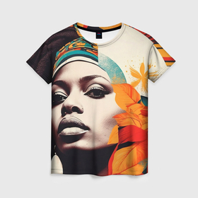 Женская футболка 3D с принтом Африканская девушка с дредами в Екатеринбурге, 100% полиэфир ( синтетическое хлопкоподобное полотно) | прямой крой, круглый вырез горловины, длина до линии бедер | 