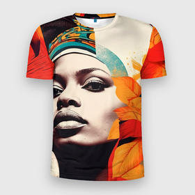 Мужская футболка 3D Slim с принтом Африканская девушка с дредами в Екатеринбурге, 100% полиэстер с улучшенными характеристиками | приталенный силуэт, круглая горловина, широкие плечи, сужается к линии бедра | 