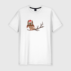 Мужская футболка хлопок Slim с принтом Новогодняя сова на ветке в Екатеринбурге, 92% хлопок, 8% лайкра | приталенный силуэт, круглый вырез ворота, длина до линии бедра, короткий рукав | 