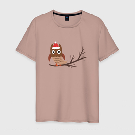 Мужская футболка хлопок с принтом Новогодняя сова на ветке в Екатеринбурге, 100% хлопок | прямой крой, круглый вырез горловины, длина до линии бедер, слегка спущенное плечо. | 