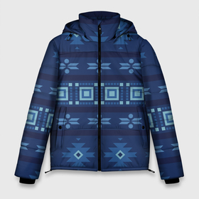 Мужская зимняя куртка 3D с принтом Blue tribal geometric в Петрозаводске, верх — 100% полиэстер; подкладка — 100% полиэстер; утеплитель — 100% полиэстер | длина ниже бедра, свободный силуэт Оверсайз. Есть воротник-стойка, отстегивающийся капюшон и ветрозащитная планка. 

Боковые карманы с листочкой на кнопках и внутренний карман на молнии. | Тематика изображения на принте: 