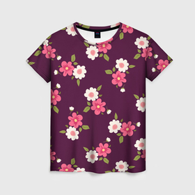Женская футболка 3D с принтом Цветочный паттерн в розовых оттенках в Рязани, 100% полиэфир ( синтетическое хлопкоподобное полотно) | прямой крой, круглый вырез горловины, длина до линии бедер | 