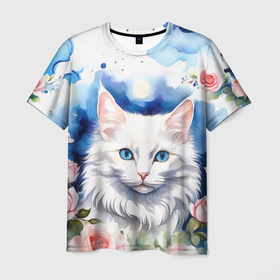 Мужская футболка 3D с принтом Акварель белый кот и розы в Кировске, 100% полиэфир | прямой крой, круглый вырез горловины, длина до линии бедер | 