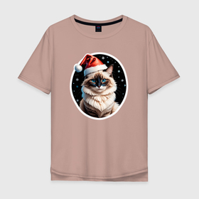Мужская футболка хлопок Oversize с принтом Кот породы Рэгдолл в новогодней шапке в Екатеринбурге, 100% хлопок | свободный крой, круглый ворот, “спинка” длиннее передней части | 