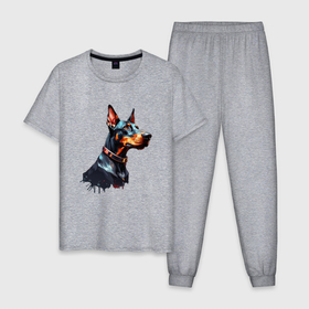 Мужская пижама хлопок с принтом Доберман в профиль в Санкт-Петербурге, 100% хлопок | брюки и футболка прямого кроя, без карманов, на брюках мягкая резинка на поясе и по низу штанин
 | 