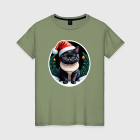 Женская футболка хлопок с принтом Кошка породы Экзотическая короткошерстная в новогодней шапке , 100% хлопок | прямой крой, круглый вырез горловины, длина до линии бедер, слегка спущенное плечо | 