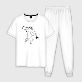 Мужская пижама хлопок с принтом Мем собака человек бензопила , 100% хлопок | брюки и футболка прямого кроя, без карманов, на брюках мягкая резинка на поясе и по низу штанин
 | 