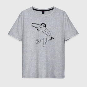 Мужская футболка хлопок Oversize с принтом Мем собака человек бензопила в Тюмени, 100% хлопок | свободный крой, круглый ворот, “спинка” длиннее передней части | 