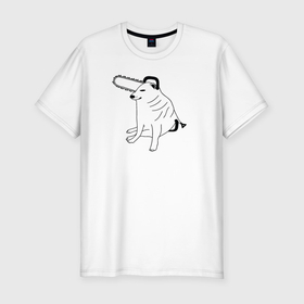 Мужская футболка хлопок Slim с принтом Мем собака человек бензопила в Санкт-Петербурге, 92% хлопок, 8% лайкра | приталенный силуэт, круглый вырез ворота, длина до линии бедра, короткий рукав | 