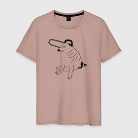 Мужская футболка хлопок с принтом Мем собака человек бензопила в Санкт-Петербурге, 100% хлопок | прямой крой, круглый вырез горловины, длина до линии бедер, слегка спущенное плечо. | Тематика изображения на принте: 