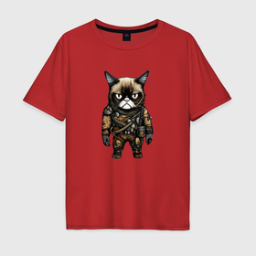 Мужская футболка хлопок Oversize с принтом Грумпи кот в экипировке , 100% хлопок | свободный крой, круглый ворот, “спинка” длиннее передней части | 