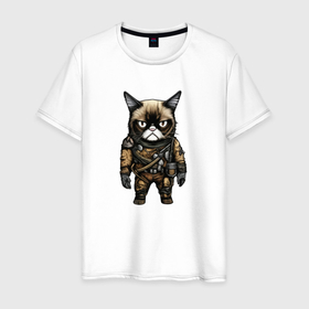 Мужская футболка хлопок с принтом Грумпи кот в экипировке , 100% хлопок | прямой крой, круглый вырез горловины, длина до линии бедер, слегка спущенное плечо. | 