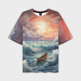 Мужская футболка oversize 3D с принтом Лодка в морской пучине в Санкт-Петербурге,  |  | Тематика изображения на принте: 