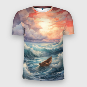 Мужская футболка 3D Slim с принтом Лодка в морской пучине в Санкт-Петербурге, 100% полиэстер с улучшенными характеристиками | приталенный силуэт, круглая горловина, широкие плечи, сужается к линии бедра | 
