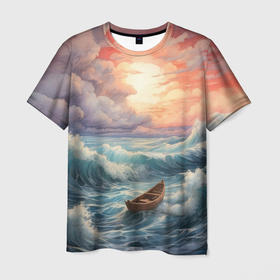 Мужская футболка 3D с принтом Лодка в морской пучине в Санкт-Петербурге, 100% полиэфир | прямой крой, круглый вырез горловины, длина до линии бедер | Тематика изображения на принте: 
