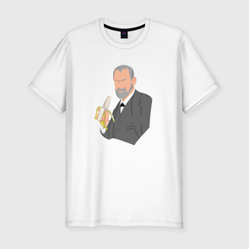 Мужская футболка хлопок Slim с принтом Зигмунд Фрейд с бананом в Кировске, 92% хлопок, 8% лайкра | приталенный силуэт, круглый вырез ворота, длина до линии бедра, короткий рукав | 
