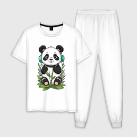 Мужская пижама хлопок с принтом Медвежонок панды в наушниках в Кировске, 100% хлопок | брюки и футболка прямого кроя, без карманов, на брюках мягкая резинка на поясе и по низу штанин
 | Тематика изображения на принте: 