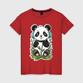 Женская футболка хлопок с принтом Медвежонок панды в наушниках в Курске, 100% хлопок | прямой крой, круглый вырез горловины, длина до линии бедер, слегка спущенное плечо | 