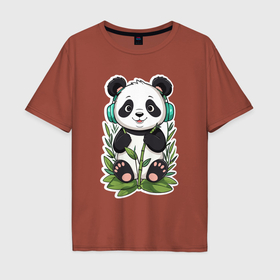 Мужская футболка хлопок Oversize с принтом Медвежонок панды в наушниках в Кировске, 100% хлопок | свободный крой, круглый ворот, “спинка” длиннее передней части | Тематика изображения на принте: 