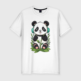Мужская футболка хлопок Slim с принтом Медвежонок панды в наушниках в Кировске, 92% хлопок, 8% лайкра | приталенный силуэт, круглый вырез ворота, длина до линии бедра, короткий рукав | Тематика изображения на принте: 