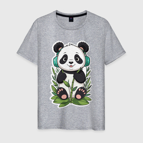 Мужская футболка хлопок с принтом Медвежонок панды в наушниках в Екатеринбурге, 100% хлопок | прямой крой, круглый вырез горловины, длина до линии бедер, слегка спущенное плечо. | 