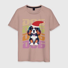 Мужская футболка хлопок с принтом Собака в красной шапке в Белгороде, 100% хлопок | прямой крой, круглый вырез горловины, длина до линии бедер, слегка спущенное плечо. | 
