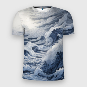Мужская футболка 3D Slim с принтом Морская буря с облаками в Петрозаводске, 100% полиэстер с улучшенными характеристиками | приталенный силуэт, круглая горловина, широкие плечи, сужается к линии бедра | 