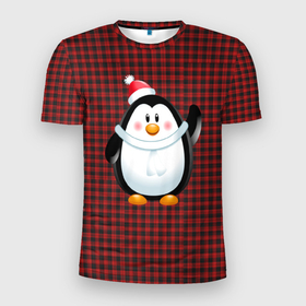 Мужская футболка 3D Slim с принтом Пингвин в новогодней шапочке в Санкт-Петербурге, 100% полиэстер с улучшенными характеристиками | приталенный силуэт, круглая горловина, широкие плечи, сужается к линии бедра | Тематика изображения на принте: 