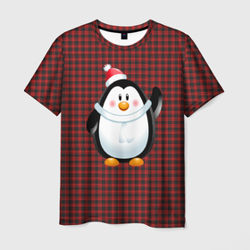 Мужская футболка 3D с принтом Пингвин в новогодней шапочке в Белгороде, 100% полиэфир | прямой крой, круглый вырез горловины, длина до линии бедер | Тематика изображения на принте: 