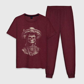 Мужская пижама хлопок с принтом Традиционный мексиканский череп калавера в Санкт-Петербурге, 100% хлопок | брюки и футболка прямого кроя, без карманов, на брюках мягкая резинка на поясе и по низу штанин
 | 