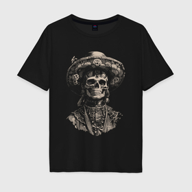 Мужская футболка хлопок Oversize с принтом Традиционный мексиканский череп калавера в Санкт-Петербурге, 100% хлопок | свободный крой, круглый ворот, “спинка” длиннее передней части | Тематика изображения на принте: 