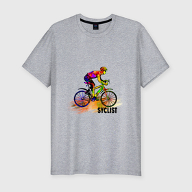 Мужская футболка хлопок Slim с принтом Велосипедист спортсмен в Курске, 92% хлопок, 8% лайкра | приталенный силуэт, круглый вырез ворота, длина до линии бедра, короткий рукав | Тематика изображения на принте: 