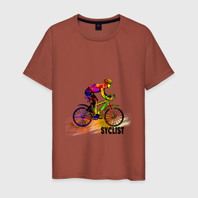 Мужская футболка хлопок с принтом Велосипедист спортсмен в Курске, 100% хлопок | прямой крой, круглый вырез горловины, длина до линии бедер, слегка спущенное плечо. | Тематика изображения на принте: 