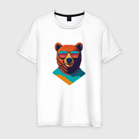 Мужская футболка хлопок с принтом Медведь в солнечных очках в Петрозаводске, 100% хлопок | прямой крой, круглый вырез горловины, длина до линии бедер, слегка спущенное плечо. | 