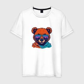Мужская футболка хлопок с принтом Стильный медвежонок в Петрозаводске, 100% хлопок | прямой крой, круглый вырез горловины, длина до линии бедер, слегка спущенное плечо. | 