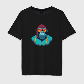 Мужская футболка хлопок Oversize с принтом Крутая горилла в очках в Кировске, 100% хлопок | свободный крой, круглый ворот, “спинка” длиннее передней части | Тематика изображения на принте: 
