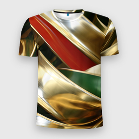 Мужская футболка 3D Slim с принтом Золотая абстракция с зелеными и красными вставками в Екатеринбурге, 100% полиэстер с улучшенными характеристиками | приталенный силуэт, круглая горловина, широкие плечи, сужается к линии бедра | 