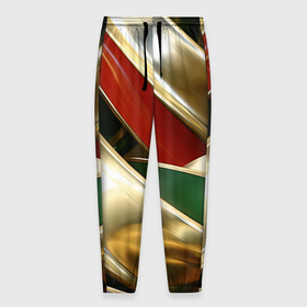 Мужские брюки 3D с принтом Золотая абстракция с зелеными и красными вставками в Екатеринбурге, 100% полиэстер | манжеты по низу, эластичный пояс регулируется шнурком, по бокам два кармана без застежек, внутренняя часть кармана из мелкой сетки | 