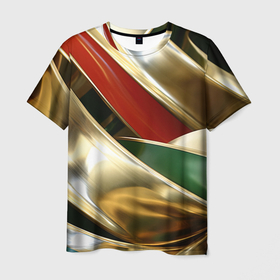 Мужская футболка 3D с принтом Золотая абстракция с зелеными и красными вставками в Екатеринбурге, 100% полиэфир | прямой крой, круглый вырез горловины, длина до линии бедер | 