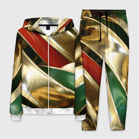 Мужской костюм 3D с принтом Золотая абстракция с зелеными и красными вставками в Екатеринбурге, 100% полиэстер | Манжеты и пояс оформлены тканевой резинкой, двухслойный капюшон со шнурком для регулировки, карманы спереди | 