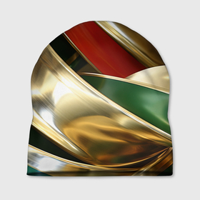 Шапка 3D с принтом Золотая абстракция с зелеными и красными вставками в Екатеринбурге, 100% полиэстер | универсальный размер, печать по всей поверхности изделия | 