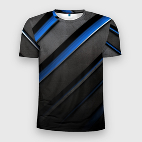 Мужская футболка 3D Slim с принтом Black blue lines в Петрозаводске, 100% полиэстер с улучшенными характеристиками | приталенный силуэт, круглая горловина, широкие плечи, сужается к линии бедра | Тематика изображения на принте: 