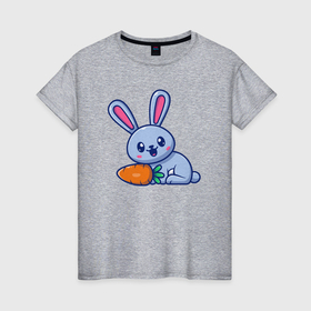 Женская футболка хлопок с принтом Весёлый зайка с морковкой в Курске, 100% хлопок | прямой крой, круглый вырез горловины, длина до линии бедер, слегка спущенное плечо | 