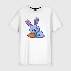 Мужская футболка хлопок Slim с принтом Весёлый зайка с морковкой в Белгороде, 92% хлопок, 8% лайкра | приталенный силуэт, круглый вырез ворота, длина до линии бедра, короткий рукав | 
