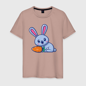 Мужская футболка хлопок с принтом Весёлый зайка с морковкой в Новосибирске, 100% хлопок | прямой крой, круглый вырез горловины, длина до линии бедер, слегка спущенное плечо. | Тематика изображения на принте: 
