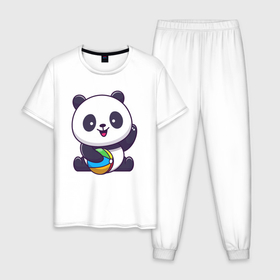 Мужская пижама хлопок с принтом Панда с мячиком в Новосибирске, 100% хлопок | брюки и футболка прямого кроя, без карманов, на брюках мягкая резинка на поясе и по низу штанин
 | 