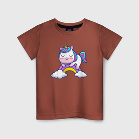 Детская футболка хлопок с принтом Единорог на радуге , 100% хлопок | круглый вырез горловины, полуприлегающий силуэт, длина до линии бедер | Тематика изображения на принте: 